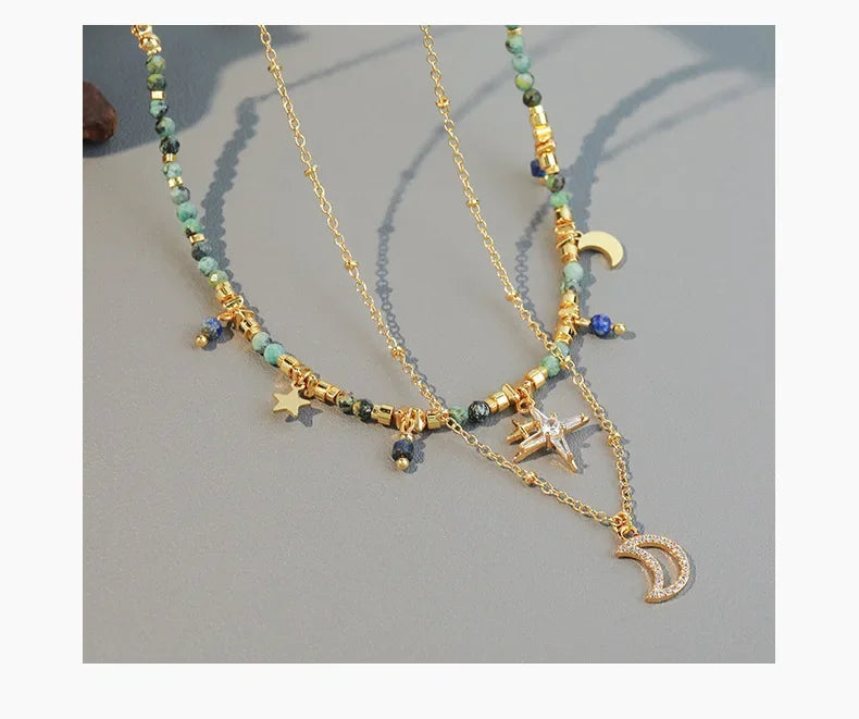 Bohemian Versatile African Turquoise Handmade Beaded Necklace Moon Pendant High-End Layering Clavicle Chain Jewelry Accessory