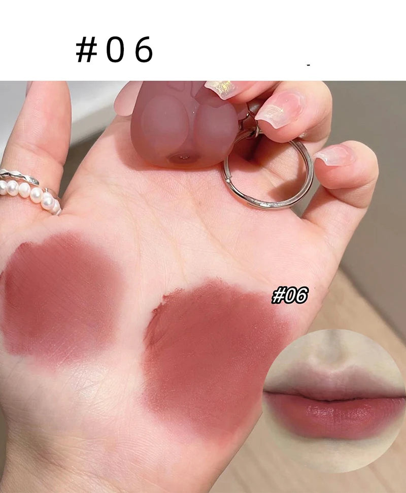 Cute Bear Keychain Velvet Mist Lip Glaze Waterproof Lasting Matte Lipstick Orange Lips Tint Women Dupes Korean Makeup Cosmetic