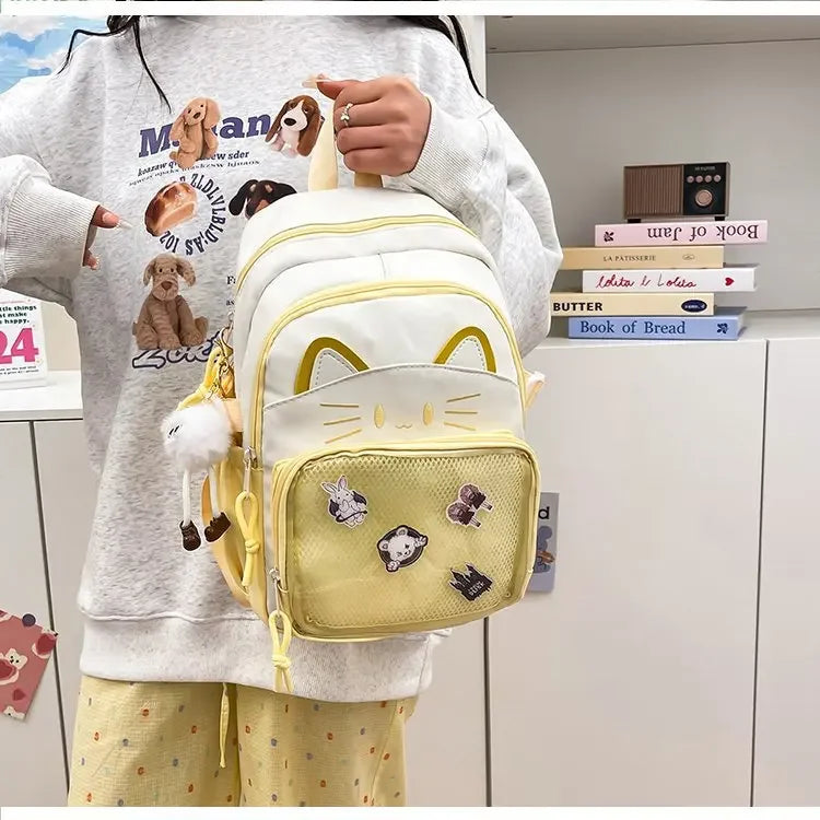 Cat Cartoon Dual-Shoulder Backpack for Girls Primary And Middle School Students Nylon Material Bookbag Easy to Carry