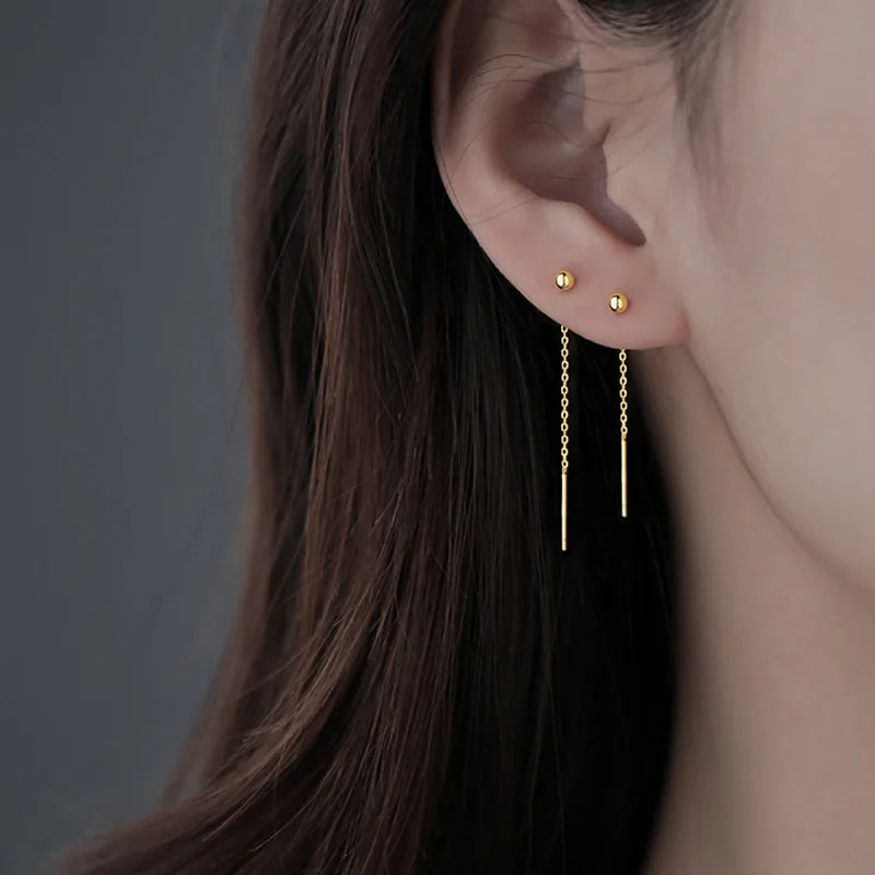 Fashion Dangle Earrings For Women Geometric Ball Long Tassel Chain Drop Silver Color Earring Minimalism Ear Line Kpop Jewelry