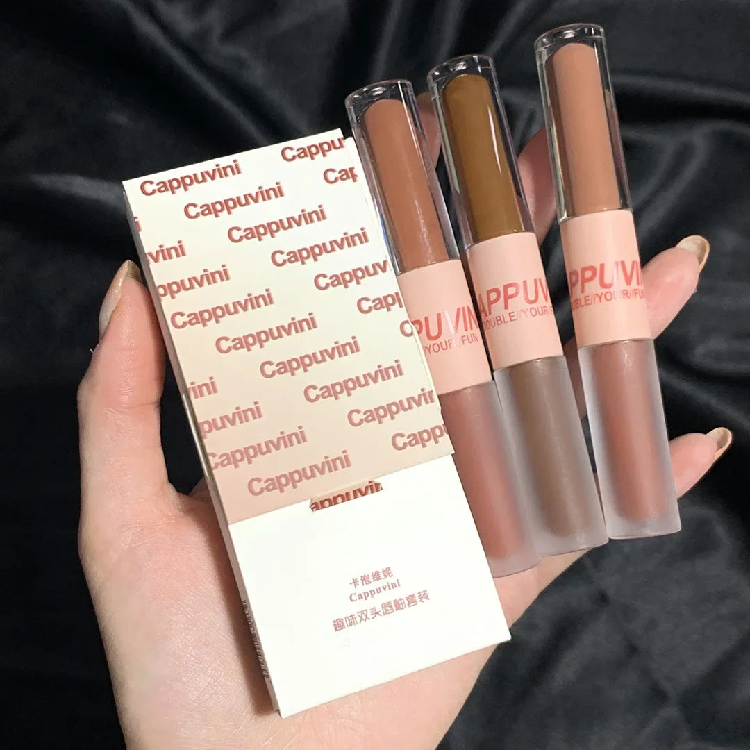 Double Headed Lip Glaze Chestnut Lip Mud Long Lasting Moisturizing Waterproof Sweatproof Matte Lipstick Korean Cosmetics