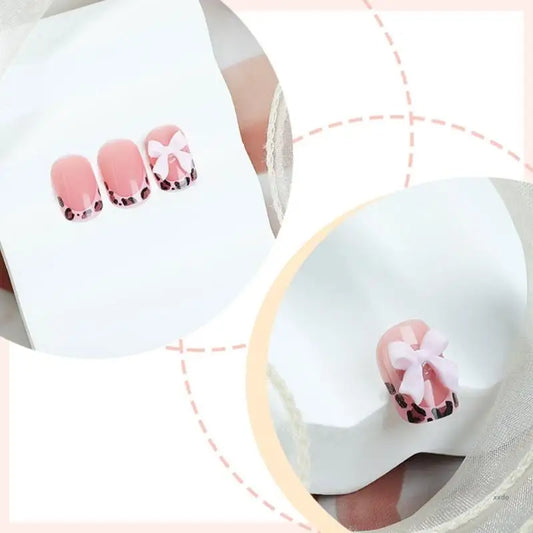Lovely Bows Artificial False Nails Full Cover Stick on Nails Press On Nails Leopard French Tip False Nails for Party
