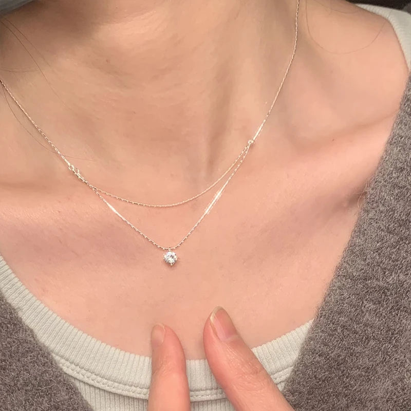 925 Sterling Silver Four Claw Zircon Pendant Necklace For Women Exquisite Double Layered Collarbone Chain Elegant Jewelry