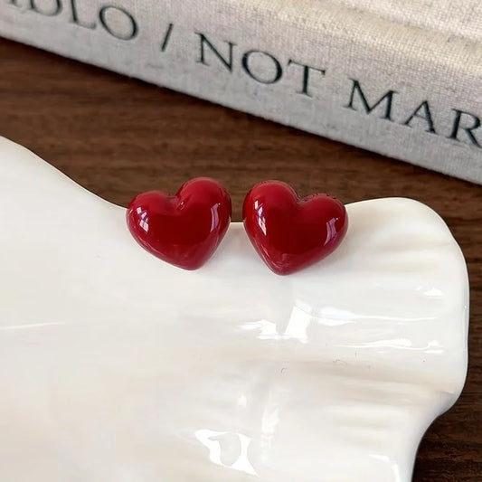 Vintage Cute Red Love Heart Stud Earrings for Women 2025 Korean Fashion Charm Wedding Bride Jewelry Accessories Anniversary Gift