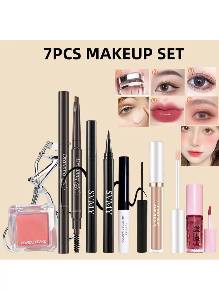 Professional 7PCS Makeup Kit – Blush, Eyeliner, Mascara, Lip Gloss & Tools