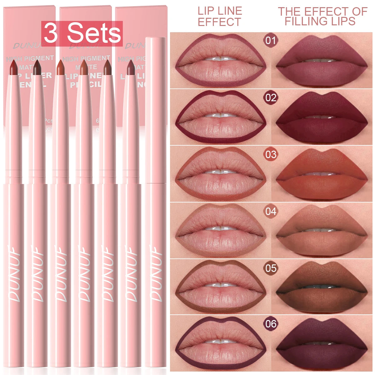Matte Lip Liner Pencil Set (6 Colors) – Waterproof, Sweatproof & Easy Glide