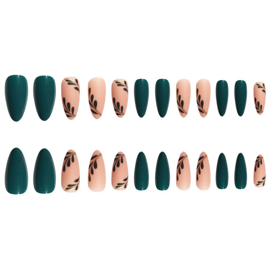 24pcs/box Women Long Almond Shaped False Nails Green Leaves Diy Fake Nail Artificial Acrylic Wearable Full Coverage Fingernail