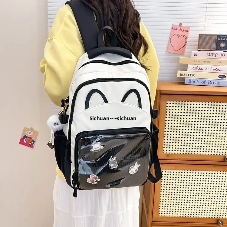 Cat Cartoon Dual-Shoulder Backpack for Girls Primary And Middle School Students Nylon Material Bookbag Easy to Carry