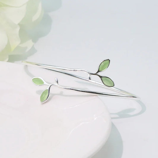 925 Sterling Silver Bracelet Bangle Simple Green Leaf Elegant Nature For Woman Girl Fashion Jewelry Gift Dropship Wholesale