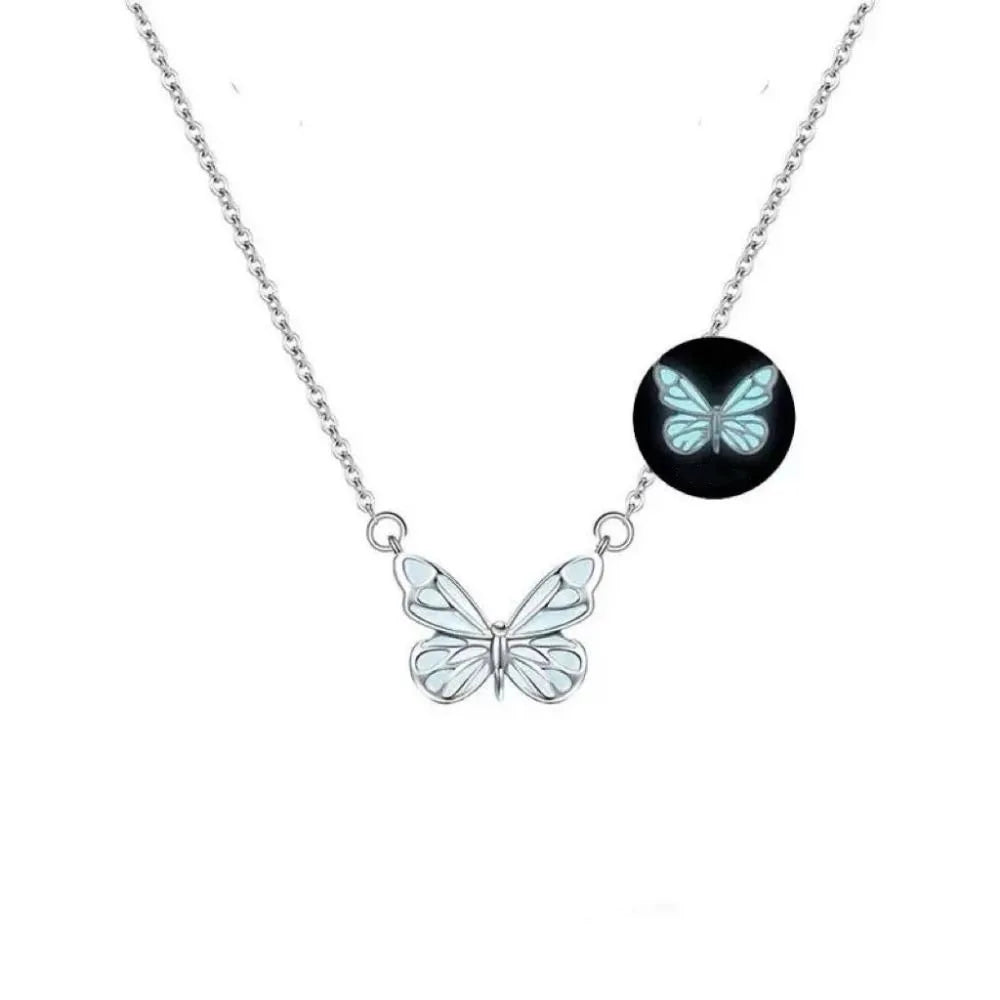 Fashion Simple Butterfly Necklace Blue Luminous Glow in The Dark Clavicle Chain Pendant Necklaces Party Jewelry Gift