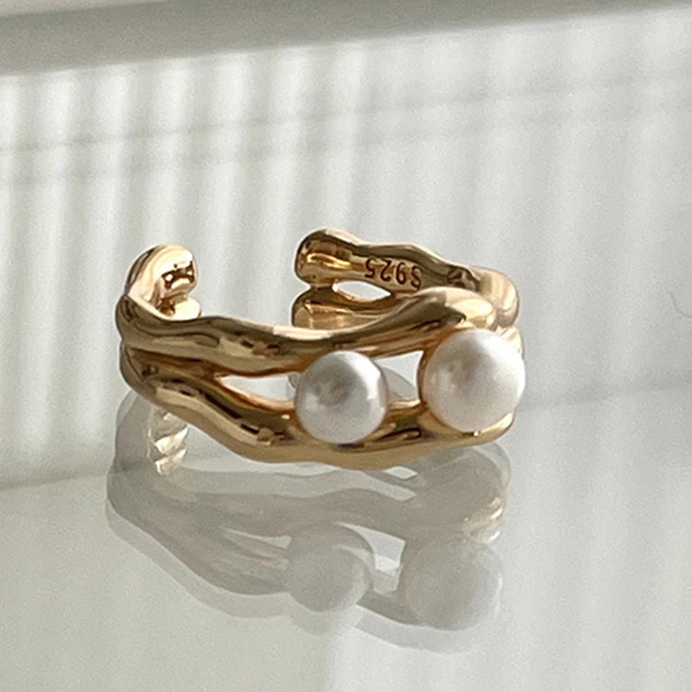 PANJBJ 925 Sterling Silver Pearl Irregular Ring for Women Shell Overlapping Hollow Sweet Design Jewelry Gift Dropshipping