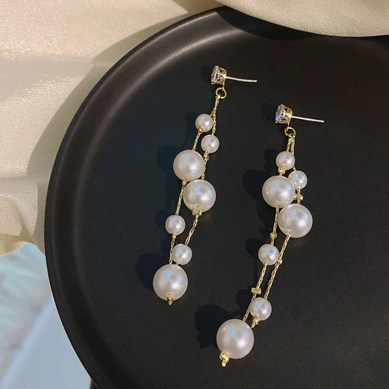Long Earrings Elegant Pearl Tassel Earrings for Women Crystal Drop Earrings Korean Fashion Dangle Earrings Wedding Party Jewelry
