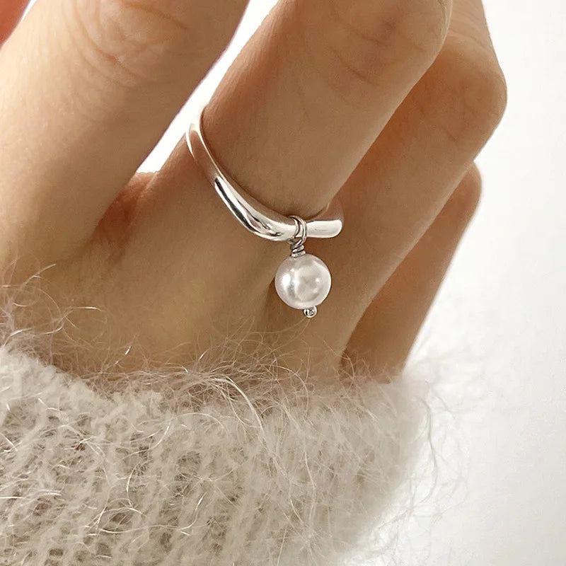 PANJBJ 925 Sterling Silver Pearl Irregular Ring for Women Shell Overlapping Hollow Sweet Design Jewelry Gift Dropshipping