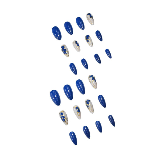 A full set of 24 long almond-shaped fake nails, designed in dark blue and three-dimensional 3D rhinestone aristocratic style, in