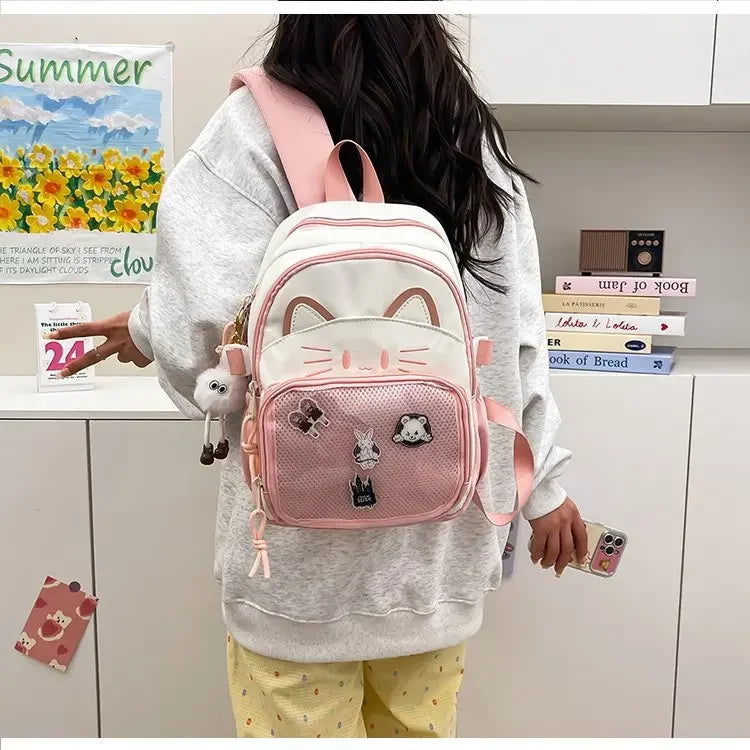 Cat Cartoon Dual-Shoulder Backpack for Girls Primary And Middle School Students Nylon Material Bookbag Easy to Carry