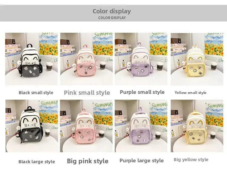 Cat Cartoon Dual-Shoulder Backpack for Girls Primary And Middle School Students Nylon Material Bookbag Easy to Carry