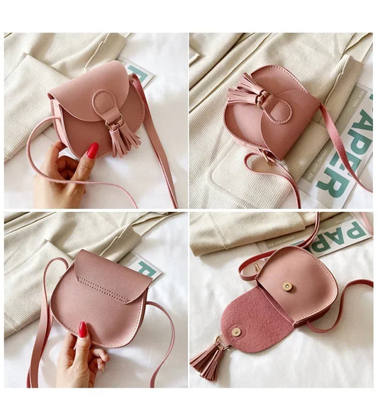 Kids PU Leather Shoulder Bag -Cute Princess Crossbody Purse for Girls, Baby Tassel Handbag, Small Coin Pouch & Fashion Accessory