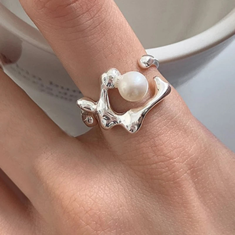 PANJBJ 925 Sterling Silver Pearl Irregular Ring for Women Shell Overlapping Hollow Sweet Design Jewelry Gift Dropshipping