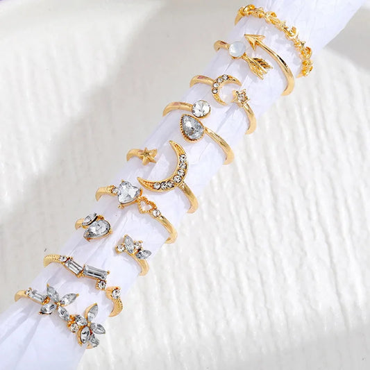 9Pcs/Set Vintage Gold Color Love Heart Butterfly Metal Rings Set for Women Simple Assembly Rings Paty Jewelry Gift Accessries