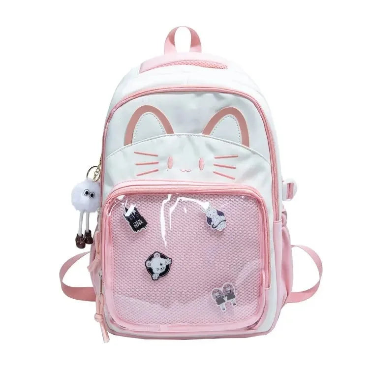 Cat Cartoon Dual-Shoulder Backpack for Girls Primary And Middle School Students Nylon Material Bookbag Easy to Carry