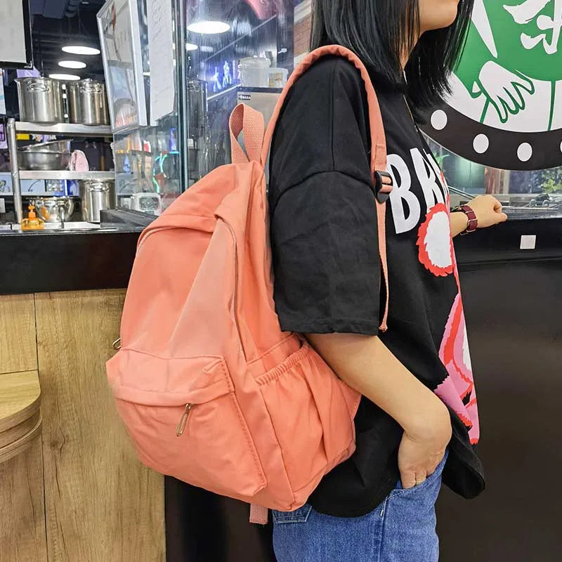 Women Schoolbag Waterproof Large Capacity School Backpack Smooth Zipper Solid Color Teens Girl Casual Daypack Bag Student Supply