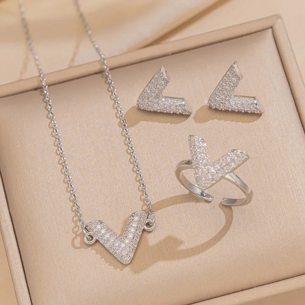 3pcs Shiny Letter V Titanium Steel Necklace Women's Collarbone Chain Women's Simple Personality Pendant Design Fashionable Ring