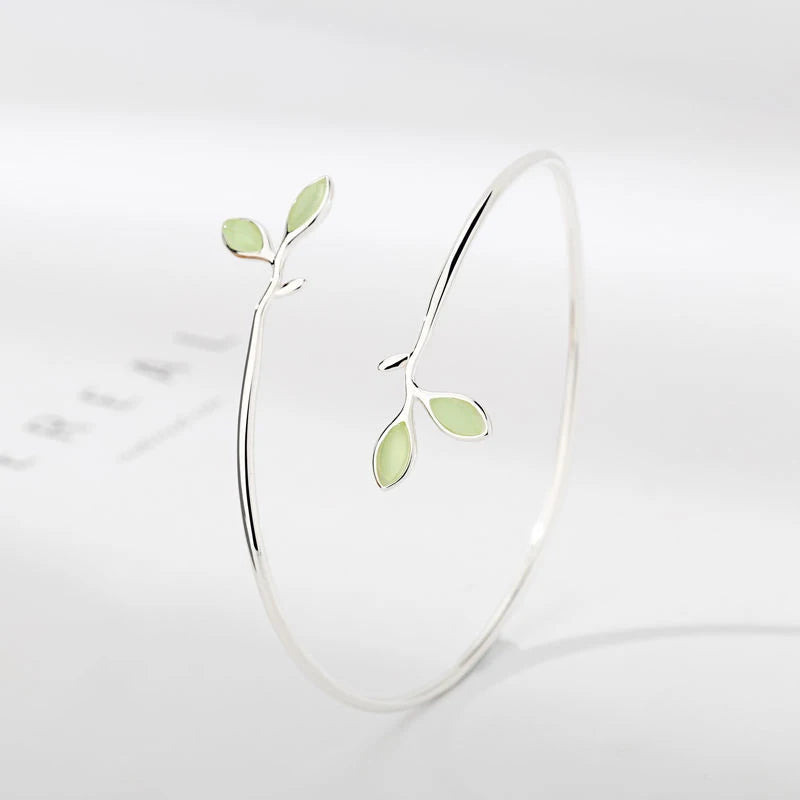925 Sterling Silver Bracelet Bangle Simple Green Leaf Elegant Nature For Woman Girl Fashion Jewelry Gift Dropship Wholesale
