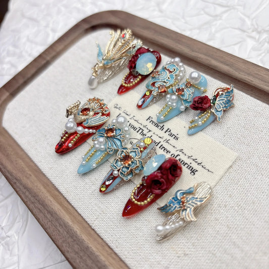 Long-Lasting Press-on Artificial Nails with Silk Flower & Electroplated Alloy Traditional Chinese Red Blue Nail Art for Hanfu