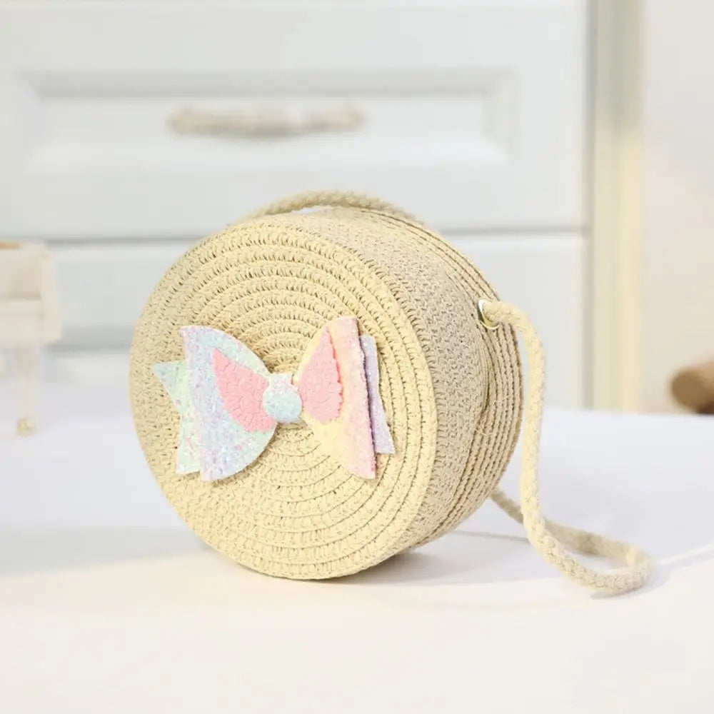 Children Straw Beach Bag Cute Heart Pattern Shoulder Bag Straw Crossbody Bag Handbag Baby Coin Purse Casual Messenger Bag