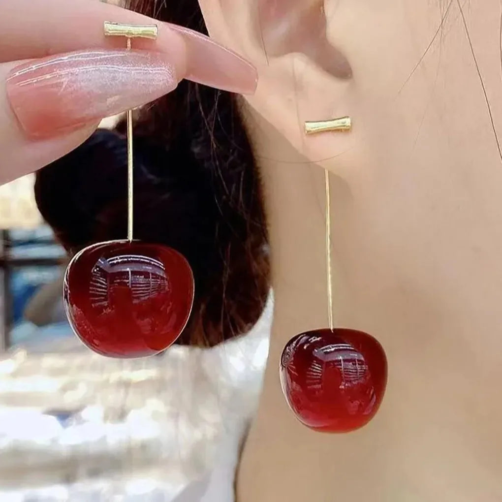Sweet Red Cherry Earrings Ladies Fashion Delicate Fruit Design Drop Dangle Earrings Wedding Party Korean Ear Jewelry Gift