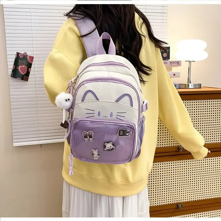 Cat Cartoon Dual-Shoulder Backpack for Girls Primary And Middle School Students Nylon Material Bookbag Easy to Carry