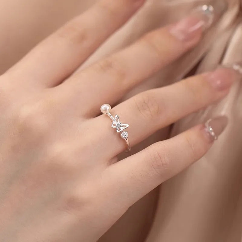 PANJBJ 925 Sterling Silver Pearl Irregular Ring for Women Shell Overlapping Hollow Sweet Design Jewelry Gift Dropshipping