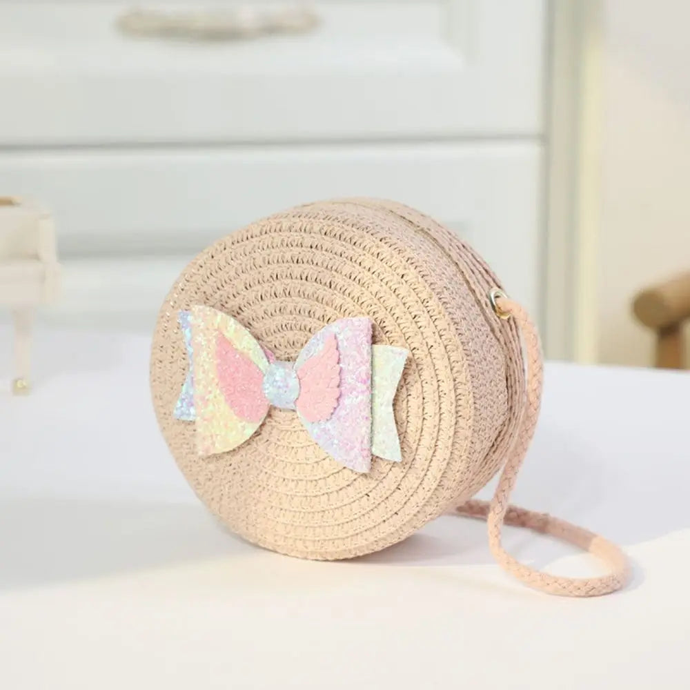 Children Straw Beach Bag Cute Heart Pattern Shoulder Bag Straw Crossbody Bag Handbag Baby Coin Purse Casual Messenger Bag