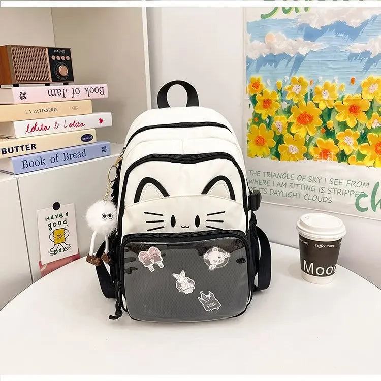 Cat Cartoon Dual-Shoulder Backpack for Girls Primary And Middle School Students Nylon Material Bookbag Easy to Carry