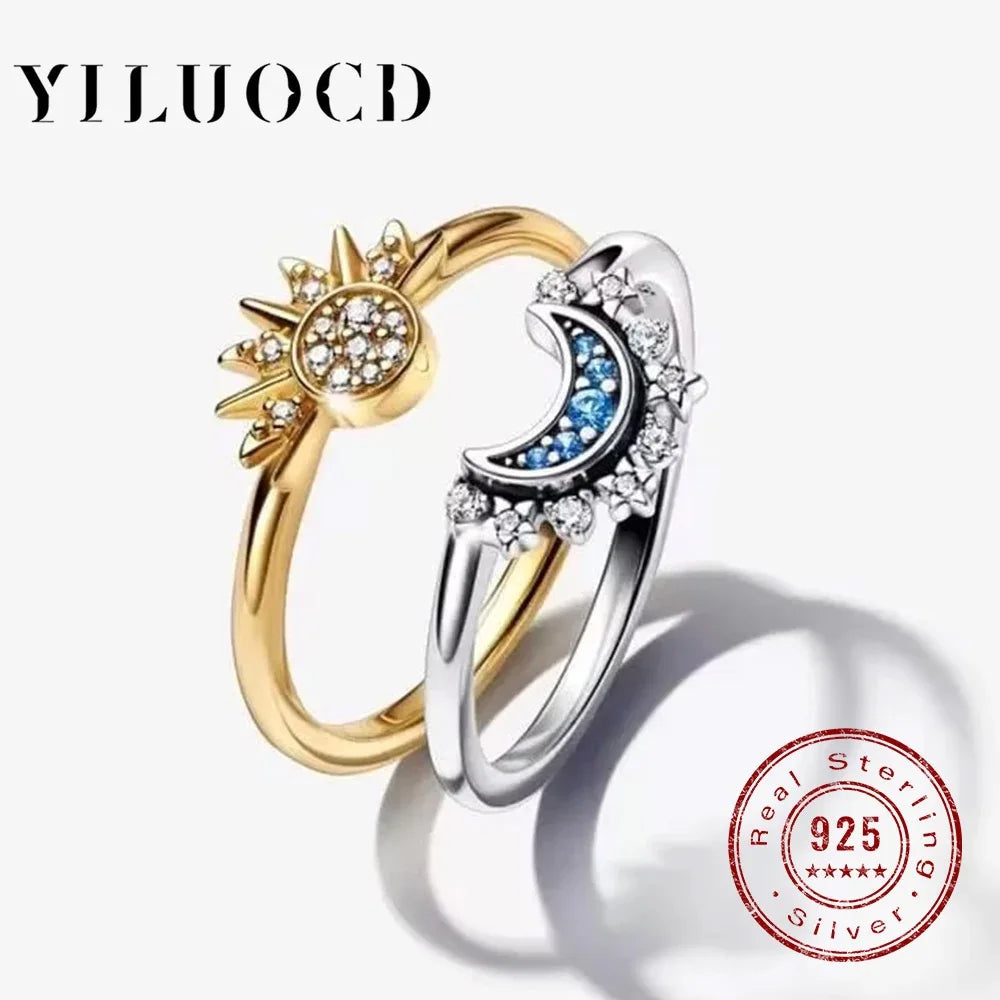 925 Silver Sun and Moon Couple Ring Set Sky Blue Sparkling Cubic Zirconia Rings Promise Fine Jewelry Gifts for Valentines Day