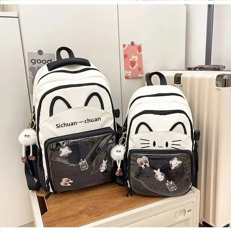 Cat Cartoon Dual-Shoulder Backpack for Girls Primary And Middle School Students Nylon Material Bookbag Easy to Carry