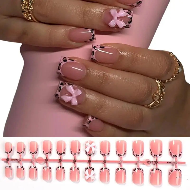 Lovely Bows Artificial False Nails Full Cover Stick on Nails Press On Nails Leopard French Tip False Nails for Party