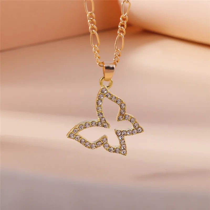 Y2K Crystal Butterfly Heart Necklace Fashion Kpop Shiny Clavicle Chain Necklaces for Women Girls New Trend Party Gifts Jewelry