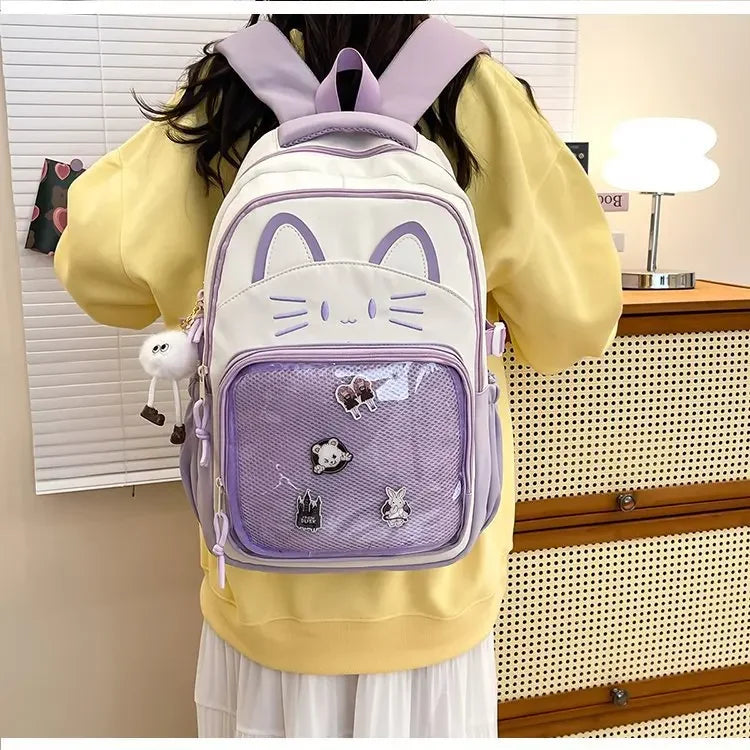 Cat Cartoon Dual-Shoulder Backpack for Girls Primary And Middle School Students Nylon Material Bookbag Easy to Carry