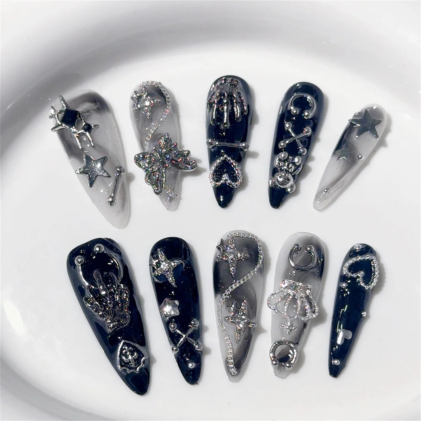 Metallic Almond Handmade Fake Nails Handmade Press On Nail Shiny Cat Eye French Almond False Nails Wearable Manicure Nail Tips