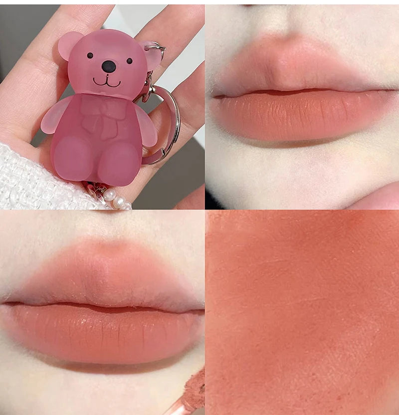 Cute Bear Keychain Velvet Mist Lip Glaze Waterproof Lasting Matte Lipstick Orange Lips Tint Women Dupes Korean Makeup Cosmetic