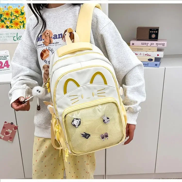 Cat Cartoon Dual-Shoulder Backpack for Girls Primary And Middle School Students Nylon Material Bookbag Easy to Carry