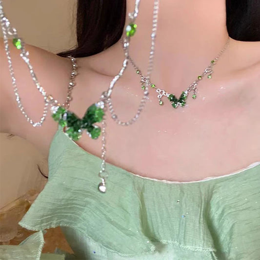 Y2K Kpop Green Zircon Butterfly Tassel Necklace for Women Korean Sweet Crystal Butterfly Metal Chain Choker Fairy Girls Jewelry