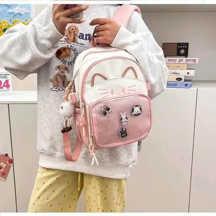 Cat Cartoon Dual-Shoulder Backpack for Girls Primary And Middle School Students Nylon Material Bookbag Easy to Carry