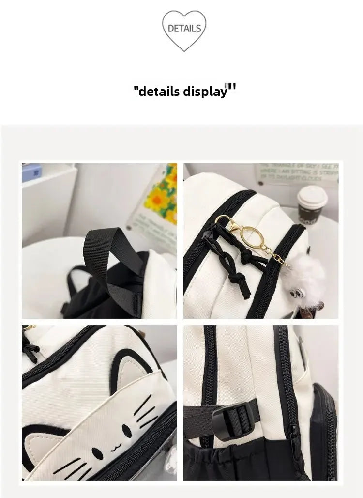 Cat Cartoon Dual-Shoulder Backpack for Girls Primary And Middle School Students Nylon Material Bookbag Easy to Carry