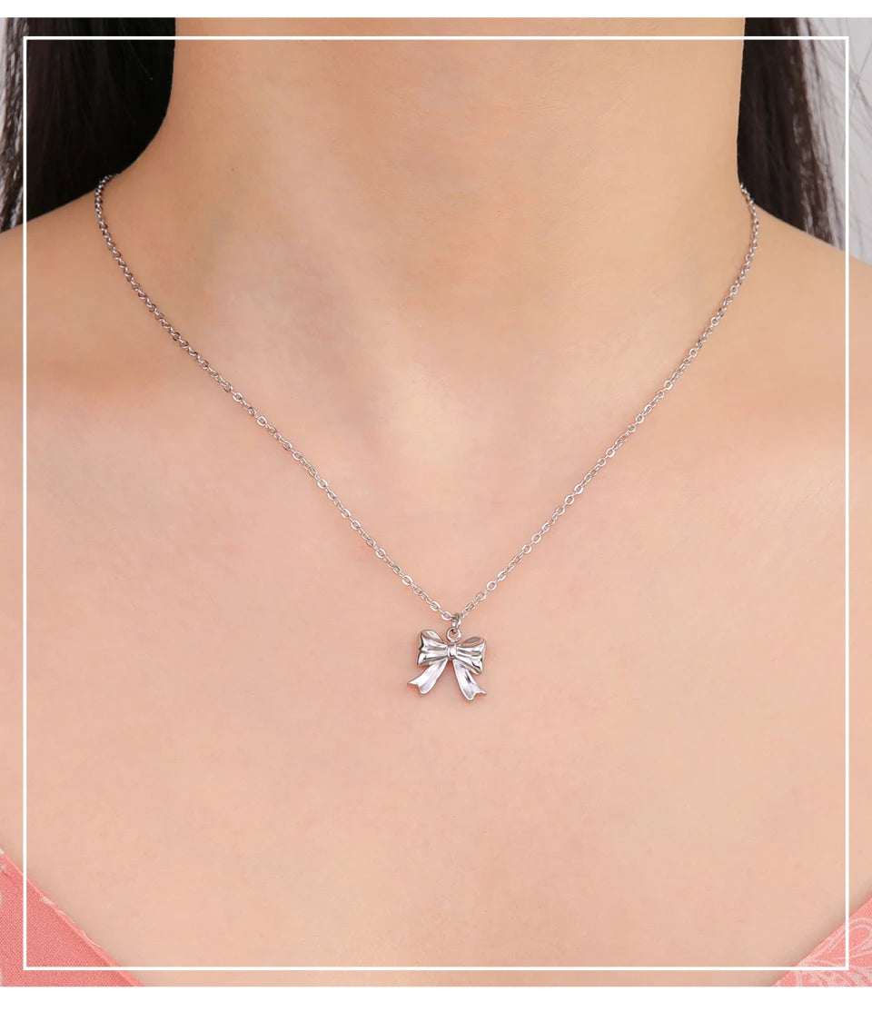 Romantic Bowknot Necklace – Korean Kpop Stainless Steel Choker for Women