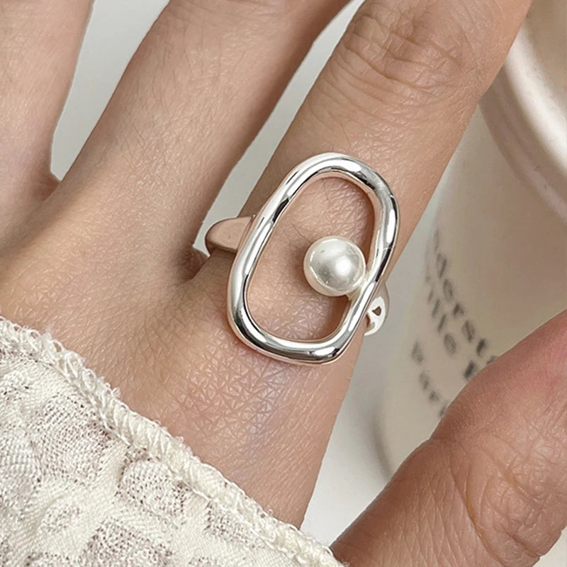 PANJBJ 925 Sterling Silver Pearl Irregular Ring for Women Shell Overlapping Hollow Sweet Design Jewelry Gift Dropshipping