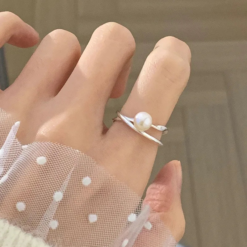 PANJBJ 925 Sterling Silver Pearl Irregular Ring for Women Shell Overlapping Hollow Sweet Design Jewelry Gift Dropshipping