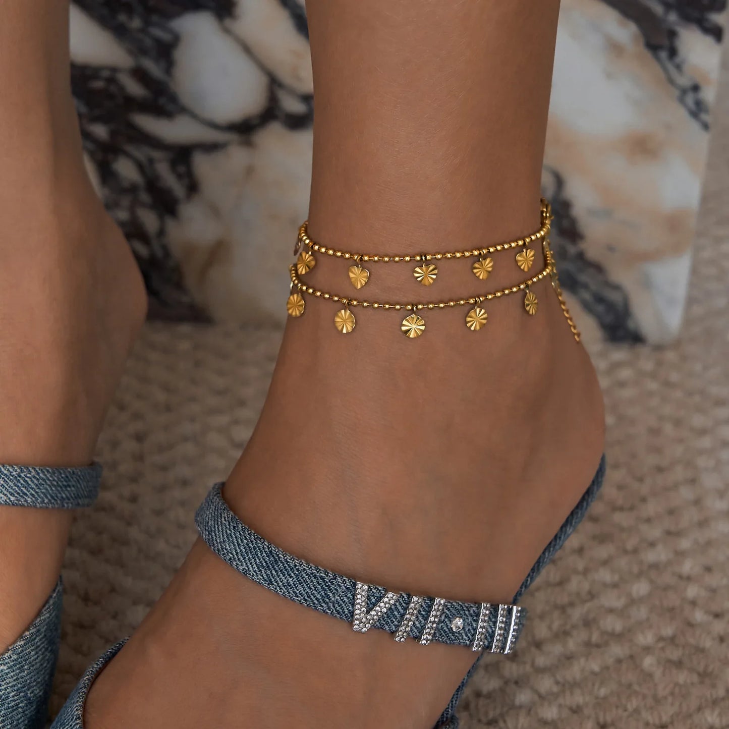 Anklets for Women Summer Beach Accessories Stainless Steel Press Heart Chain Anklet Gold Color Leg Bracelets Body Chain Gifts