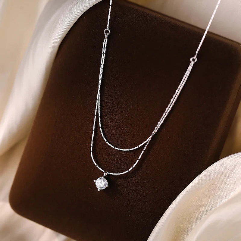 925 Sterling Silver Four Claw Zircon Pendant Necklace For Women Exquisite Double Layered Collarbone Chain Elegant Jewelry